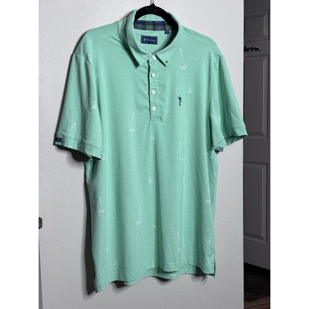 William Murray Polo Shirt Men Large Green Golf Allover Print Short Sleeve Preppy